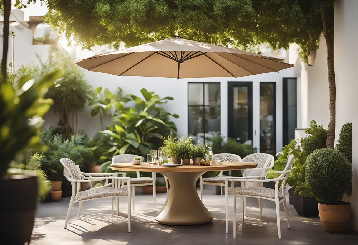A sunny outdoor patio with a sleek dining table, comfortable chairs, and a stylish umbrella, surrounded by lush greenery and potted plants