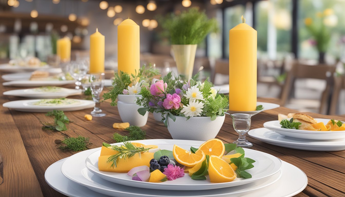A vibrant menu displayed on a rustic wooden table with fresh flowers and elegant tableware at Under der Linden restaurant