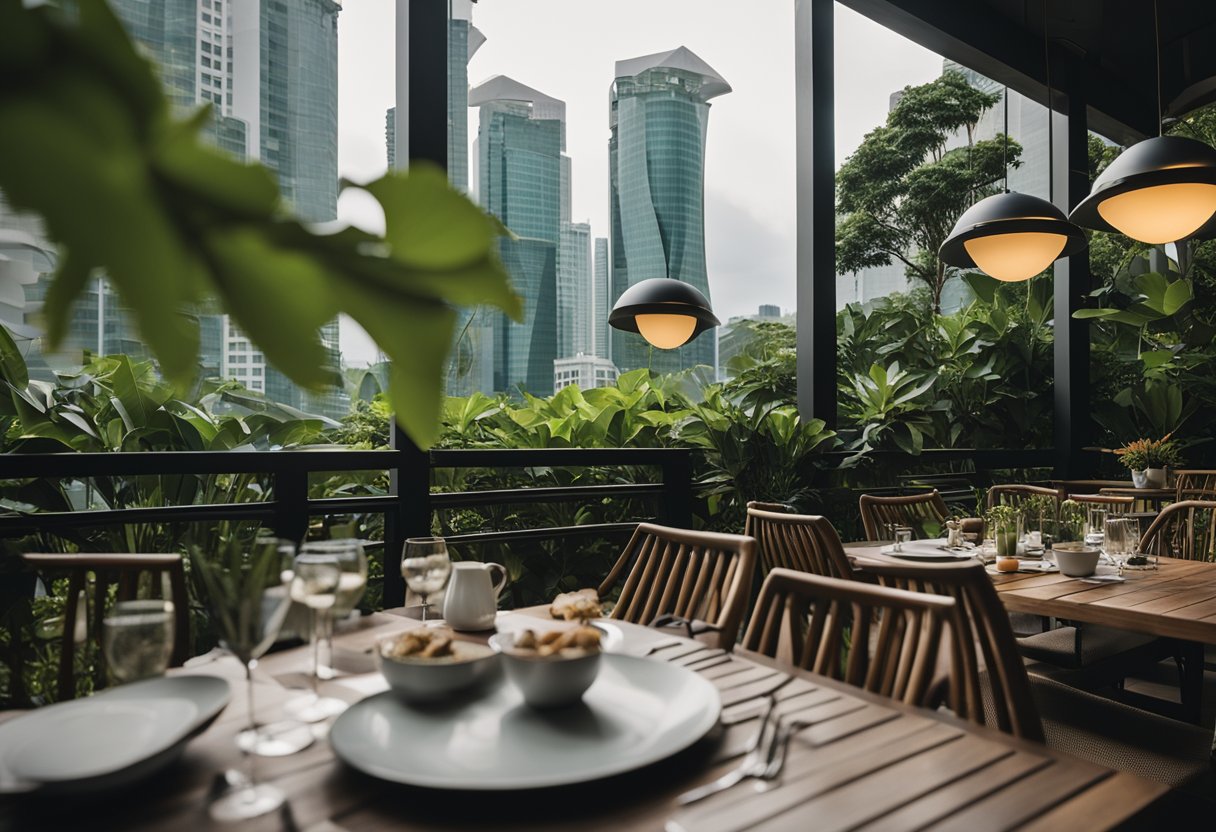 A cozy outdoor dining setup in Singapore, featuring modern furniture, lush greenery, and ambient lighting