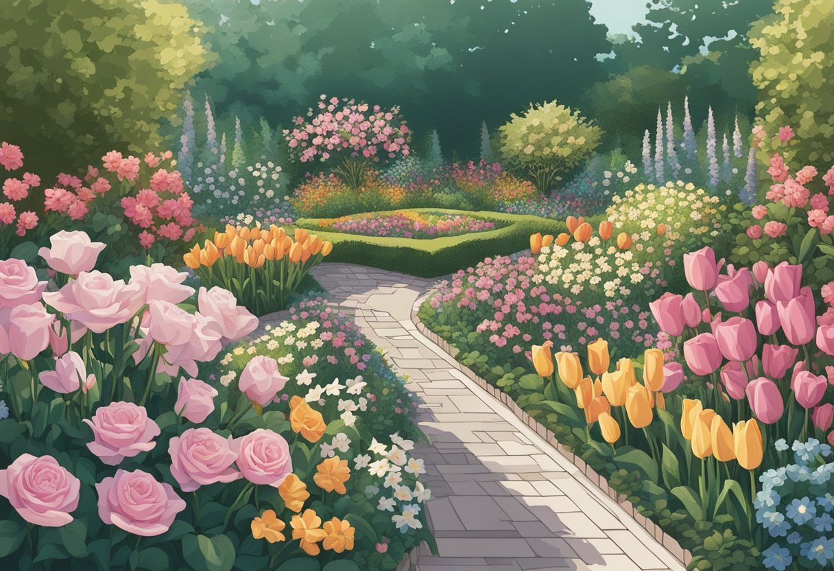 A garden filled with blooming roses, lilies, daisies, and tulips. Each flower represents a potential name for a baby girl, creating a colorful and vibrant scene for an illustrator to recreate