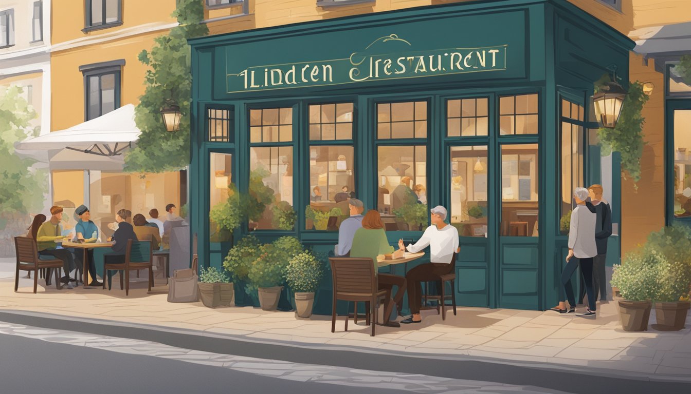 Customers gather at the entrance of Der Linden restaurant, reading the frequently asked questions posted on a bulletin board. Outdoor seating and a cozy atmosphere are visible in the background