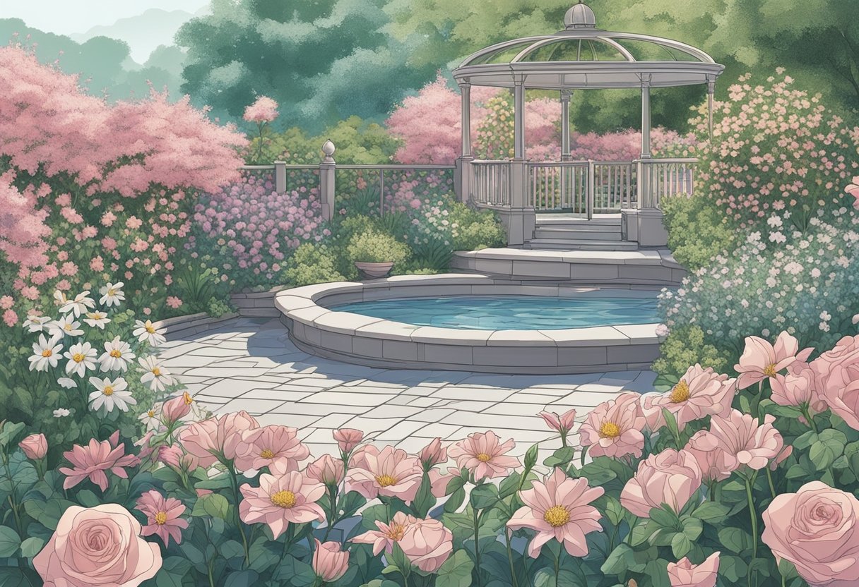 A garden with various flowers in full bloom, including roses, lilies, and daisies, with a soft breeze gently swaying the petals