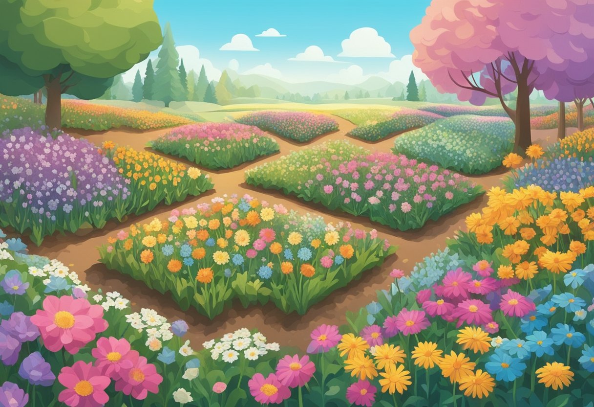 A field of colorful flowers with a baby list in the background
