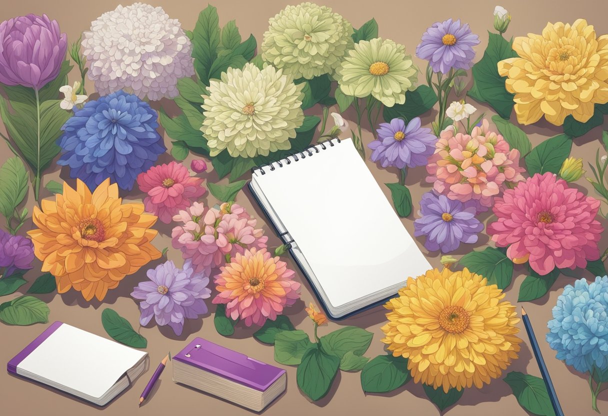 A colorful array of blooming flowers with name tags displayed on a table, surrounded by a notebook and pencil for brainstorming