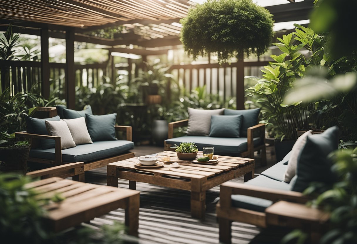A cozy outdoor setting with pallet furniture in a Singaporean garden