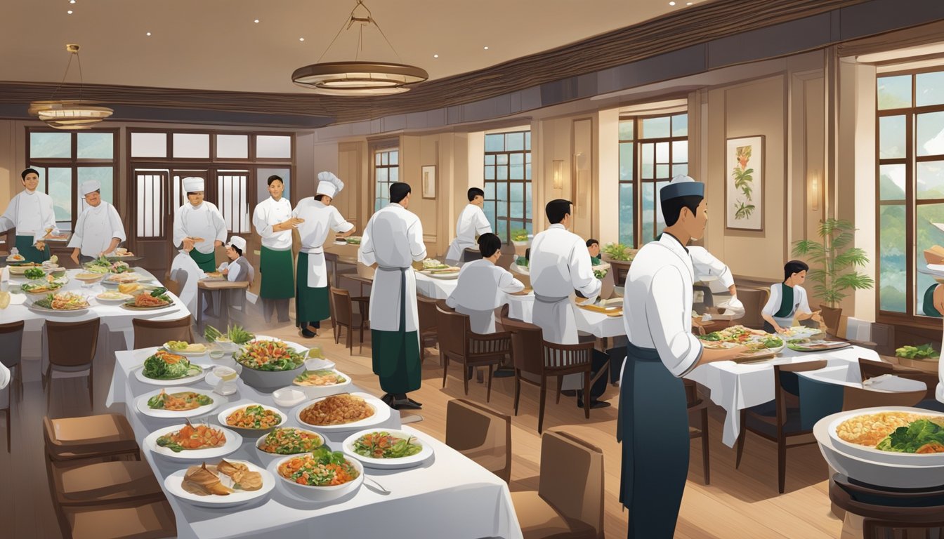 A bustling dining room filled with elegant tables, soft lighting, and a diverse array of Asian cuisine being expertly prepared and presented by skilled chefs