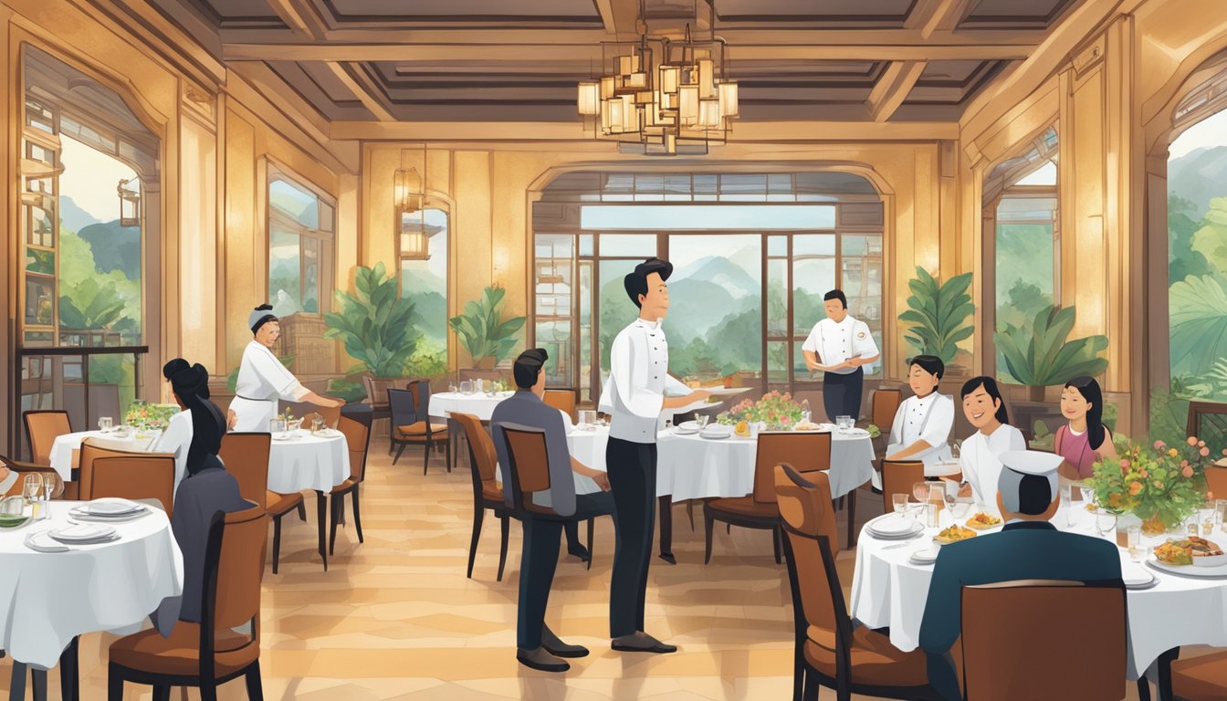 A bustling dining room with elegant decor, a chef receiving an award, and a sign displaying "Asia's Top 50 Restaurants."