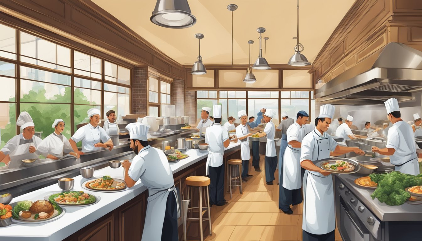 A bustling restaurant scene with chefs preparing dishes, diners enjoying their meals, and staff attending to tables