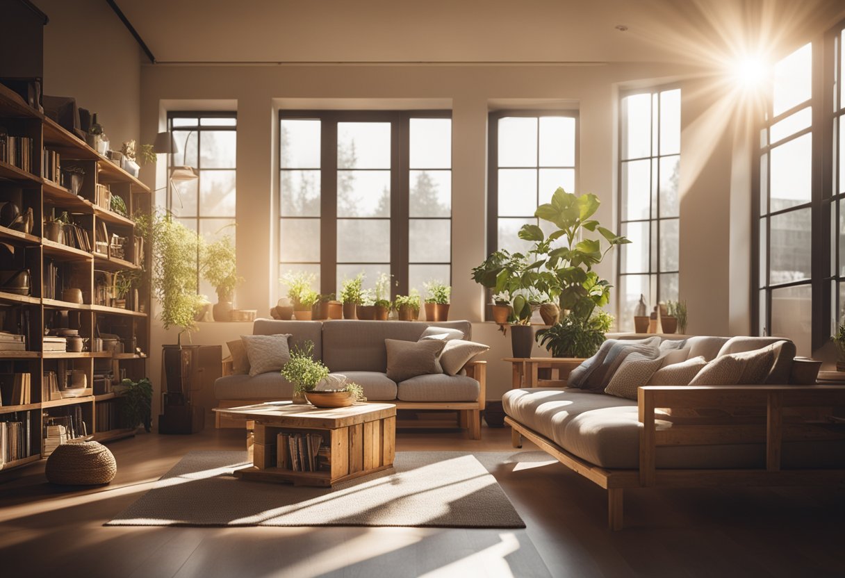 A cozy living room with a pallet sofa, coffee table, and bookshelf. Sunlight streams in through the window, casting a warm glow on the furniture