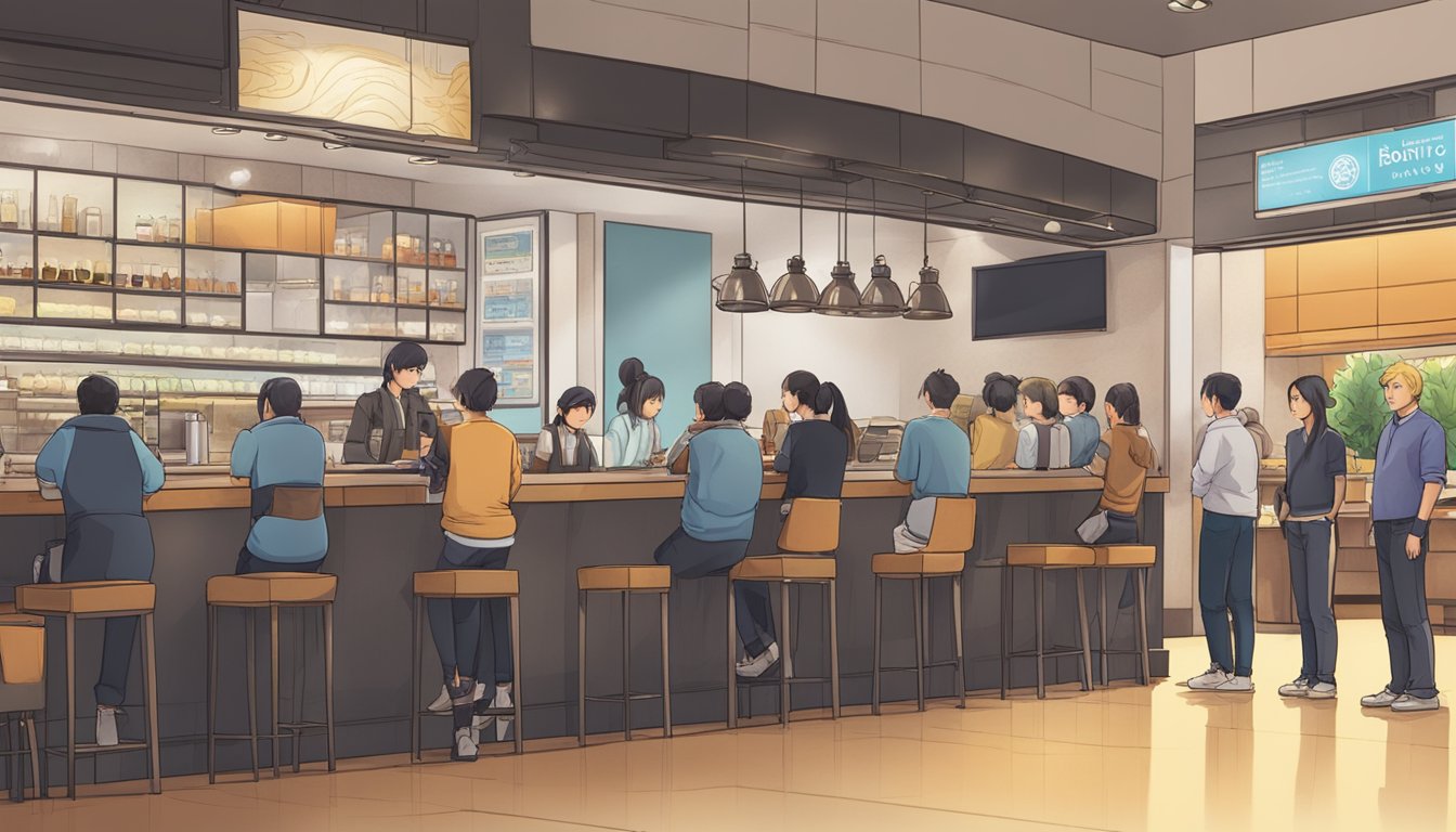 Customers lining up at the entrance of Boruto restaurant, while a server takes orders at a busy counter
