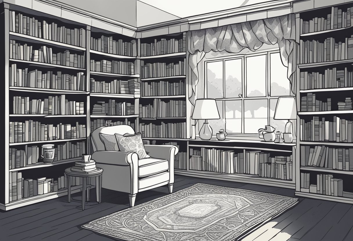 A cozy library with shelves of Gaelic baby name books, a soft blanket, and a cup of tea