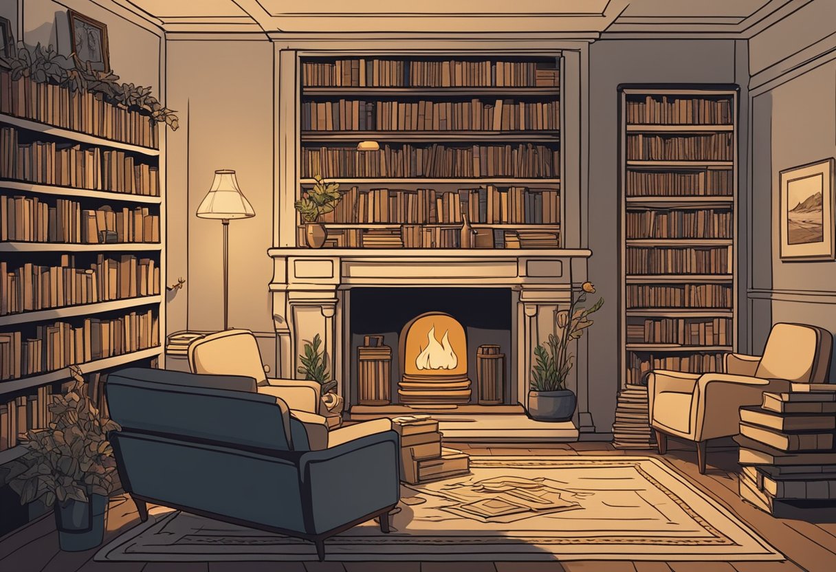 A cozy library with a stack of books on Gaelic baby names, a warm fireplace, and a cup of tea