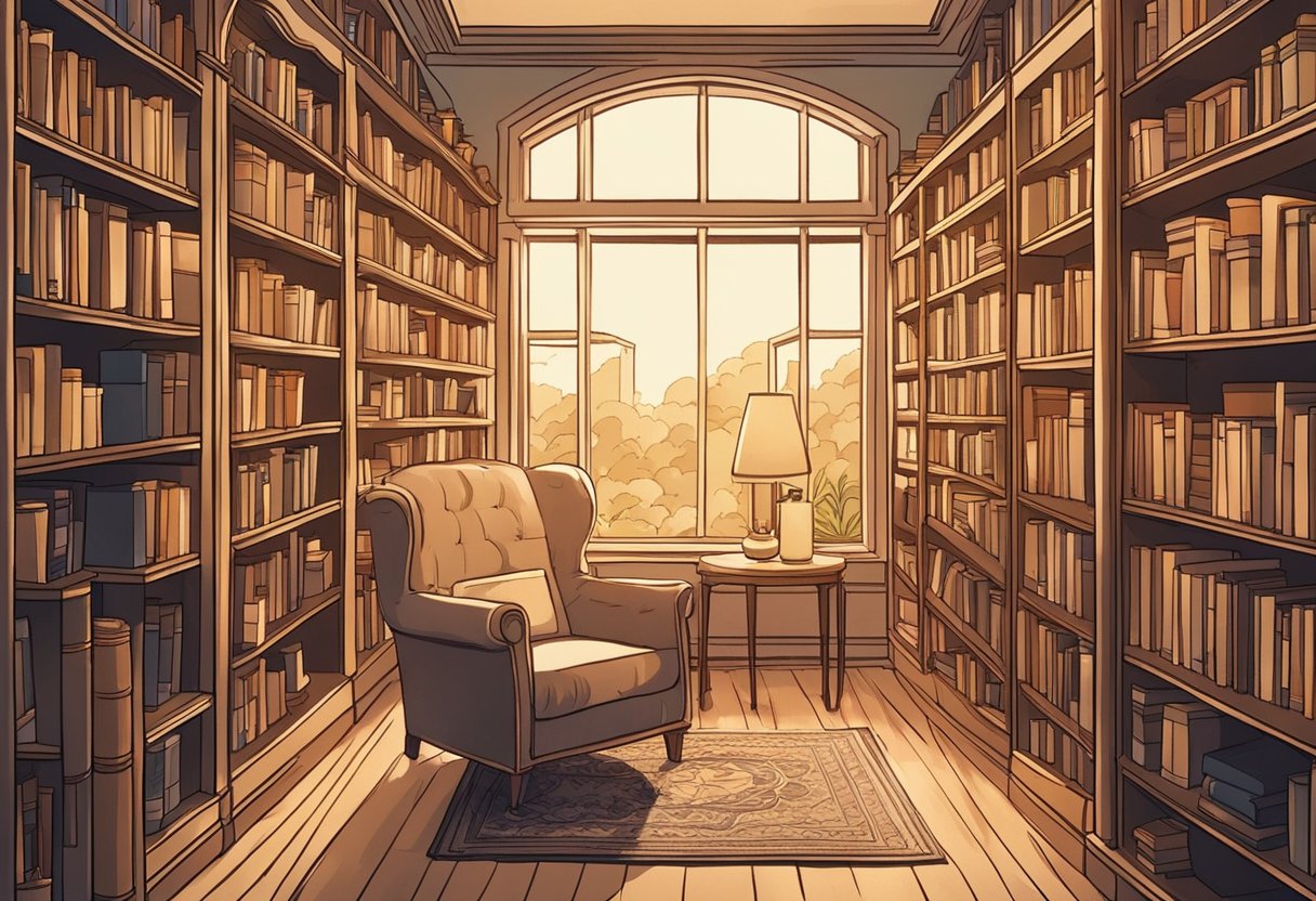 A cozy library with shelves of books and a comfortable reading nook, bathed in warm, soft light