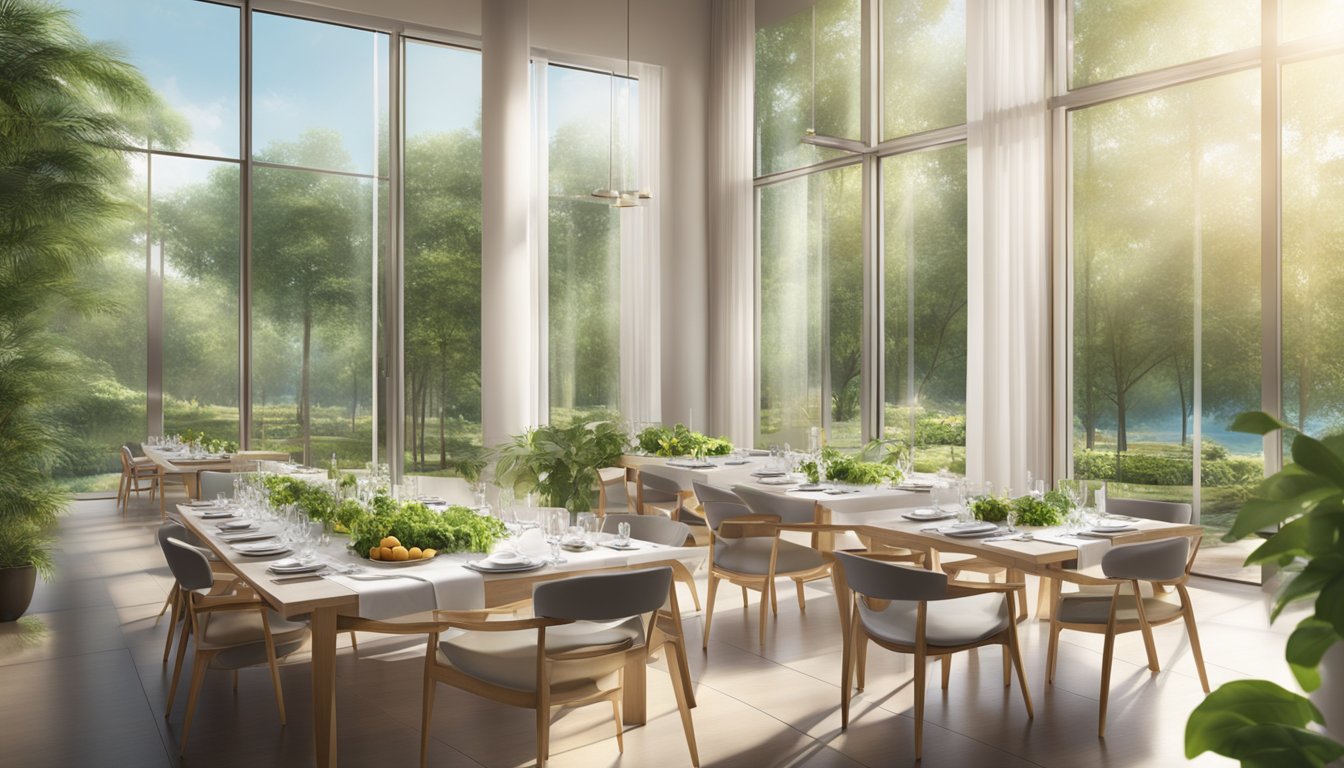 A table set with elegant dishes, surrounded by lush greenery and modern architecture, with natural light streaming in through floor-to-ceiling windows