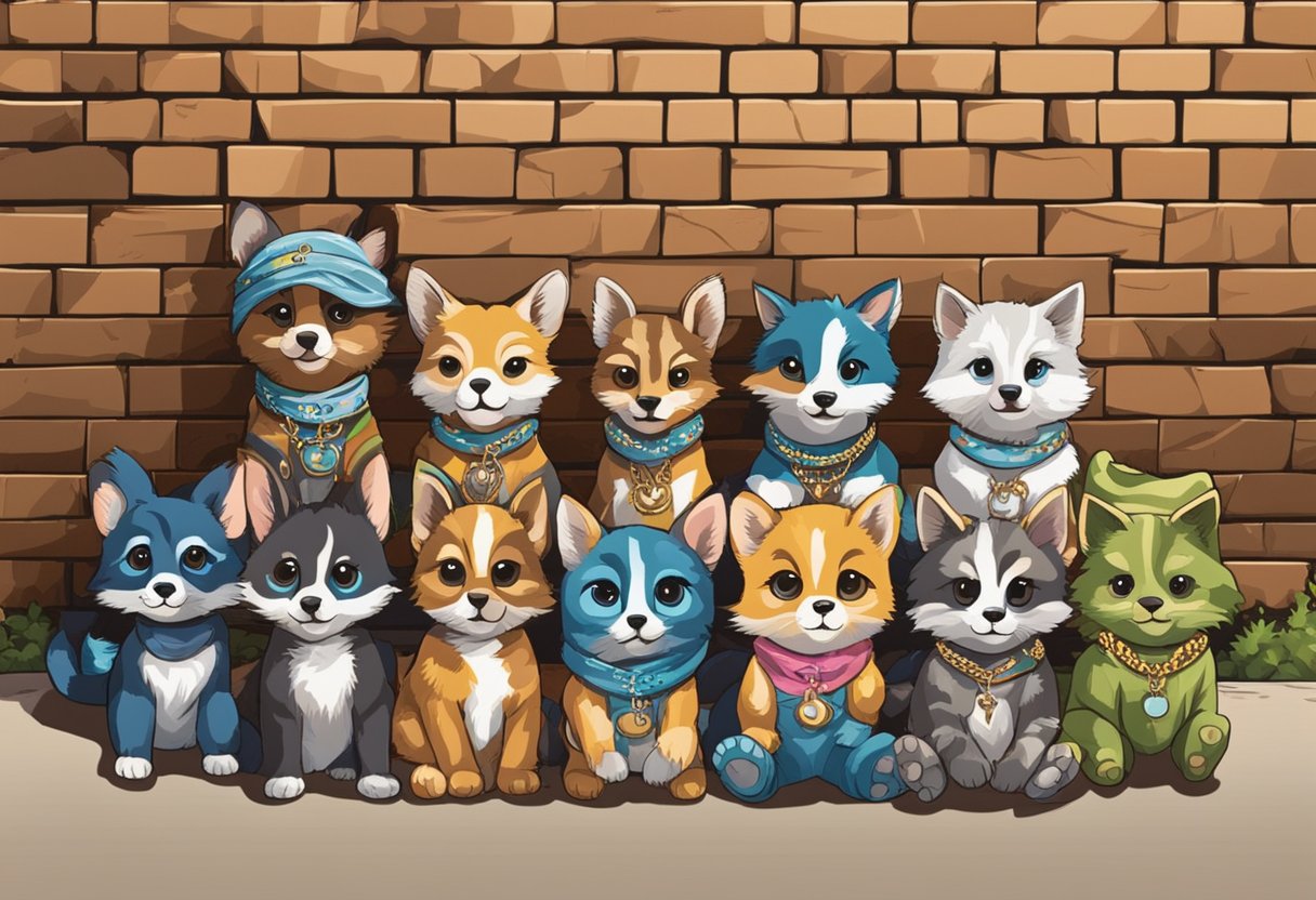 A group of baby animals gather, wearing bandanas and gold chains, with graffiti-style names like "Tiny T" and "Lil' Paws" on a brick wall