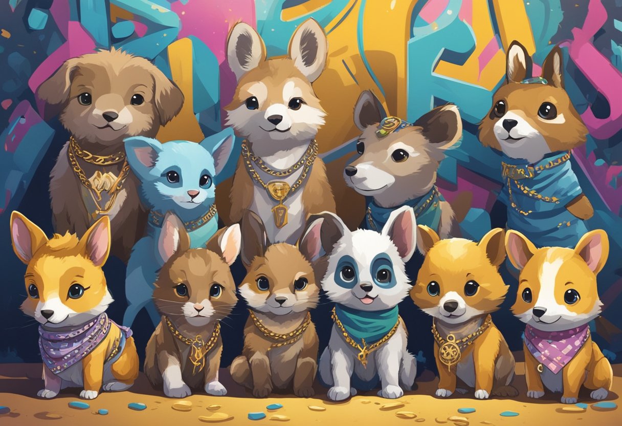 A group of baby animals wearing bandanas and gold chains, standing in front of graffiti wall with "Name Ideas" written in bold letters