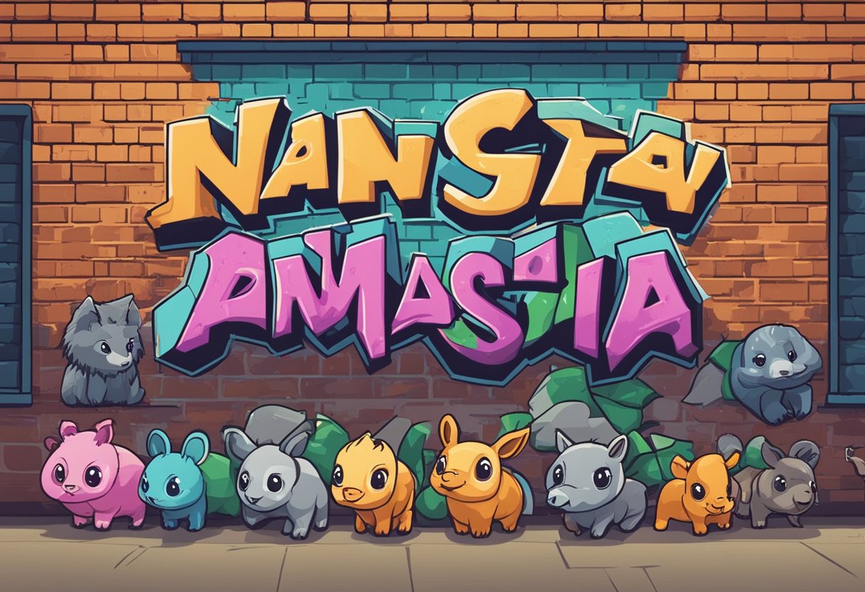A group of baby animals gather around graffiti-style lettering of "Name Ideas Gangsta" on a brick wall