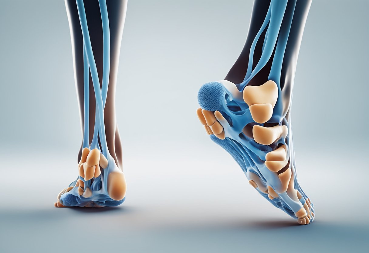 The foot's outer side shows tendons and ligaments under stress while walking, causing pain