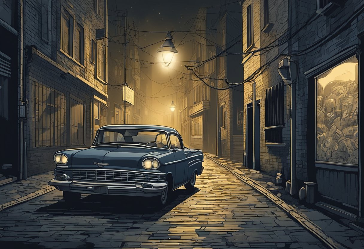 A dark alley with graffiti-covered walls, a vintage car, and a flickering streetlight. The atmosphere is gritty and ominous, evoking a sense of danger and underworld connections