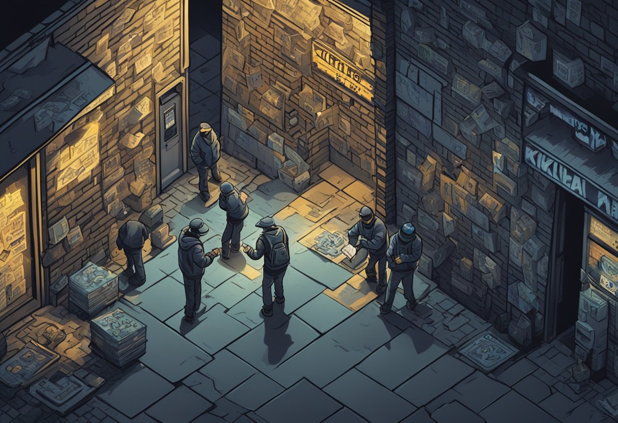 A dark alley with graffiti-covered walls and shadowy figures exchanging envelopes with names like "Killa" and "Thug" written on them