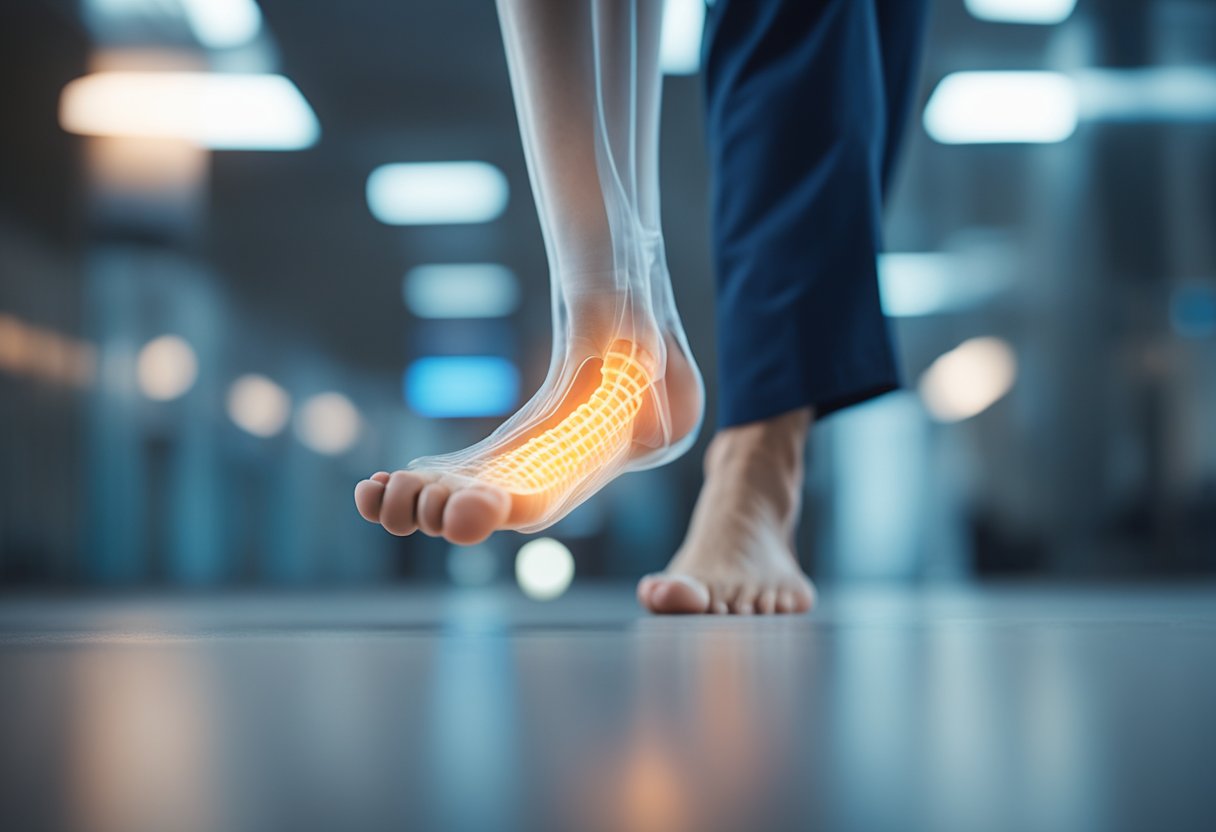 A foot with pain on the outside while walking, with diagnostic imaging equipment nearby