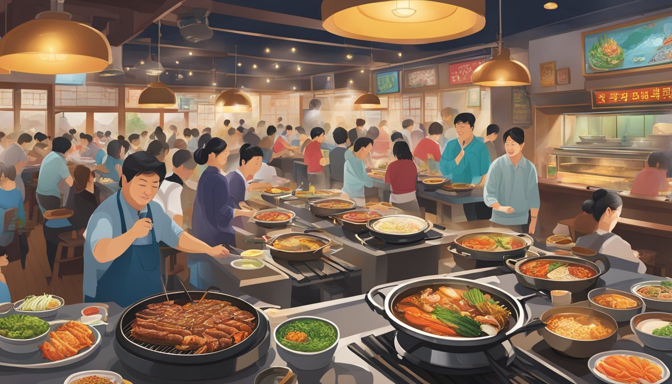 The bustling Don Dae Bak restaurant, filled with diners enjoying sizzling Korean BBQ and steaming hotpots. A colorful array of banchan dishes line the tables