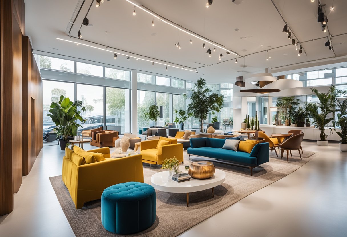 A bright, modern showroom with sleek furniture displays and vibrant decor. Sunlight streams through large windows, highlighting the clean lines and bold colors of the contemporary pieces