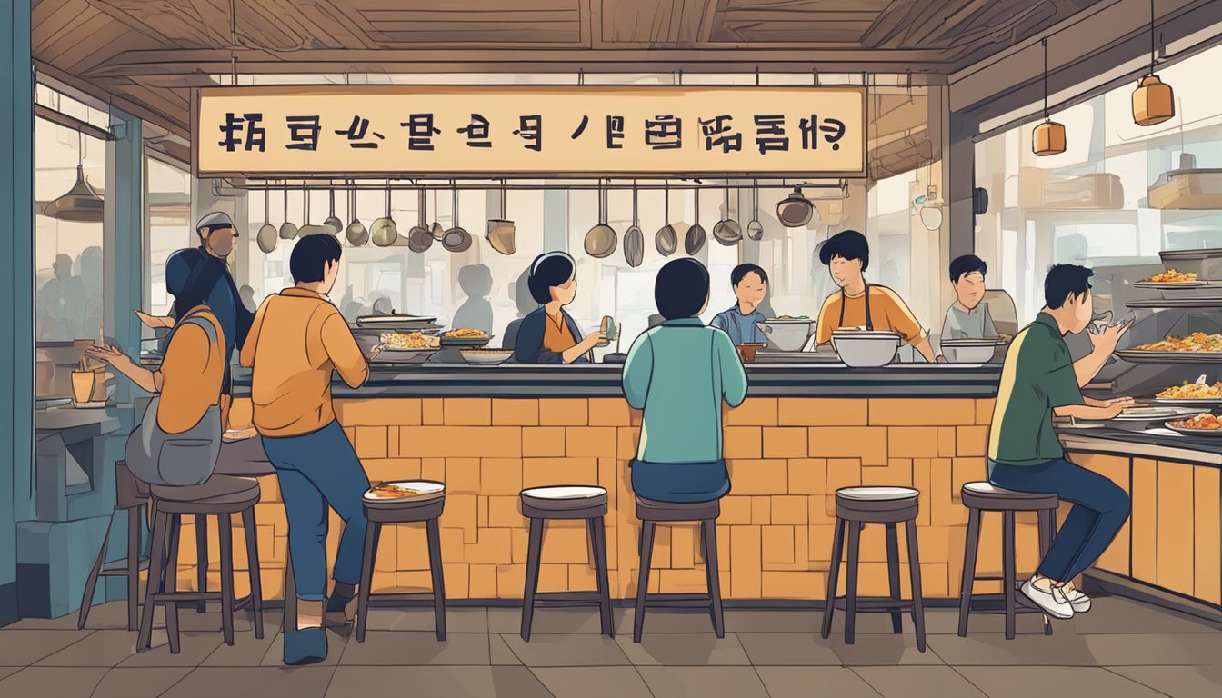 A bustling restaurant with diners enjoying Korean cuisine. A sign reads "Frequently Asked Questions" on the wall. Steam rises from sizzling dishes