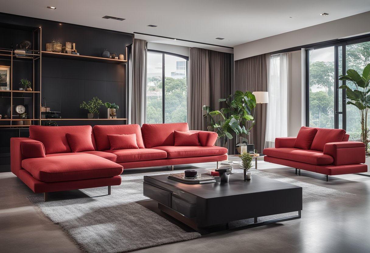 A modern living room with sleek, customizable red furniture, showcasing the design aesthetics of a Singaporean home