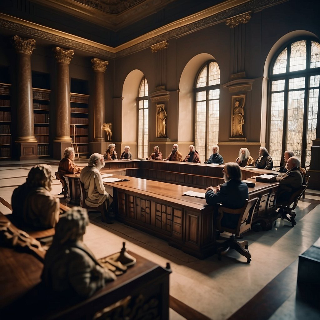A group of ancient philosophers debate Stoic principles in a grand library, surrounded by scrolls and busts of famous thinkers