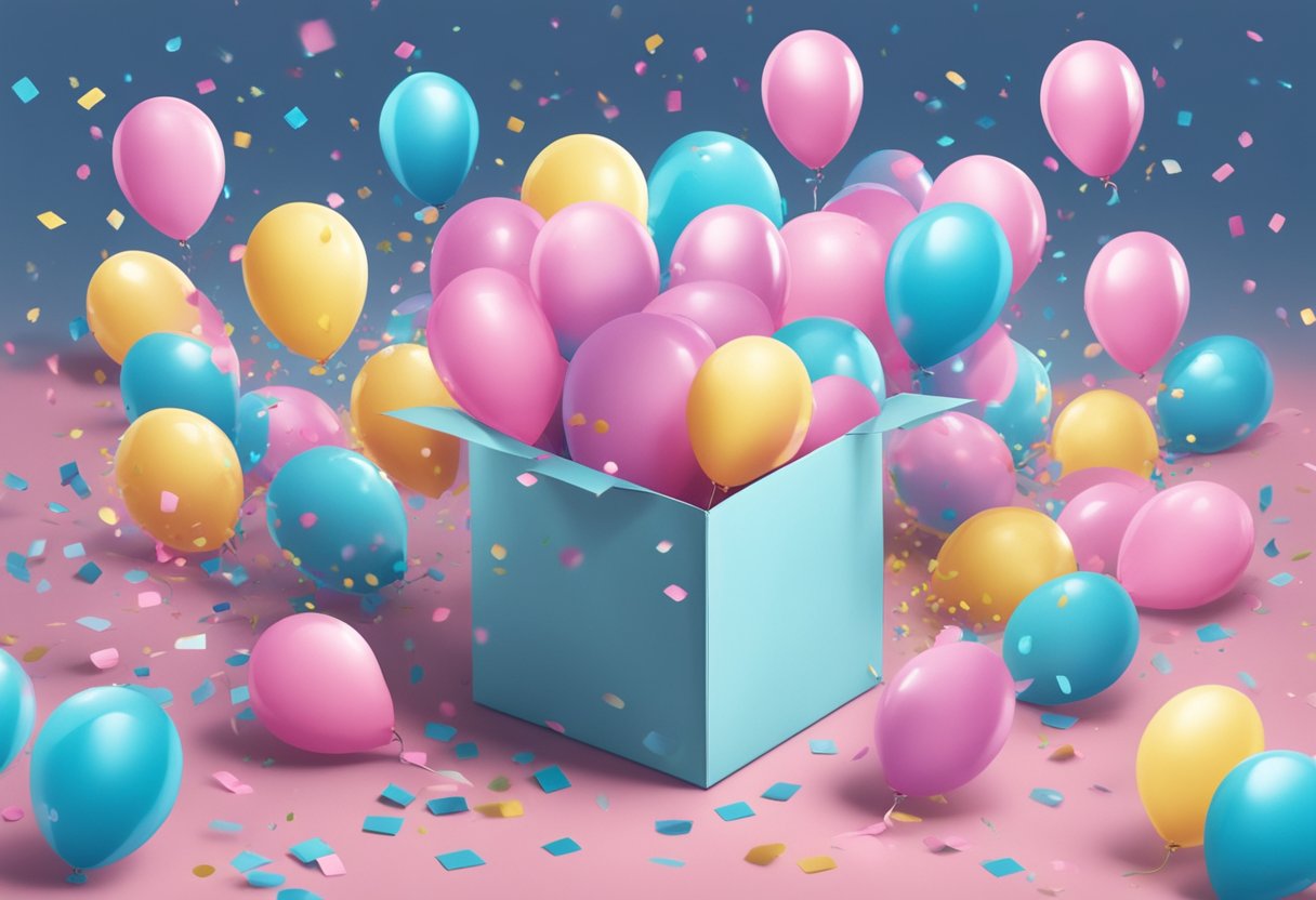 Colorful balloons and confetti burst from a box, revealing pink or blue baby name cards