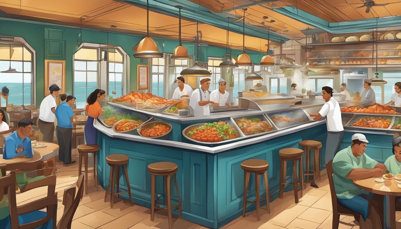 A bustling seafood restaurant with colorful decor, steaming pots of fresh seafood, and a lively atmosphere