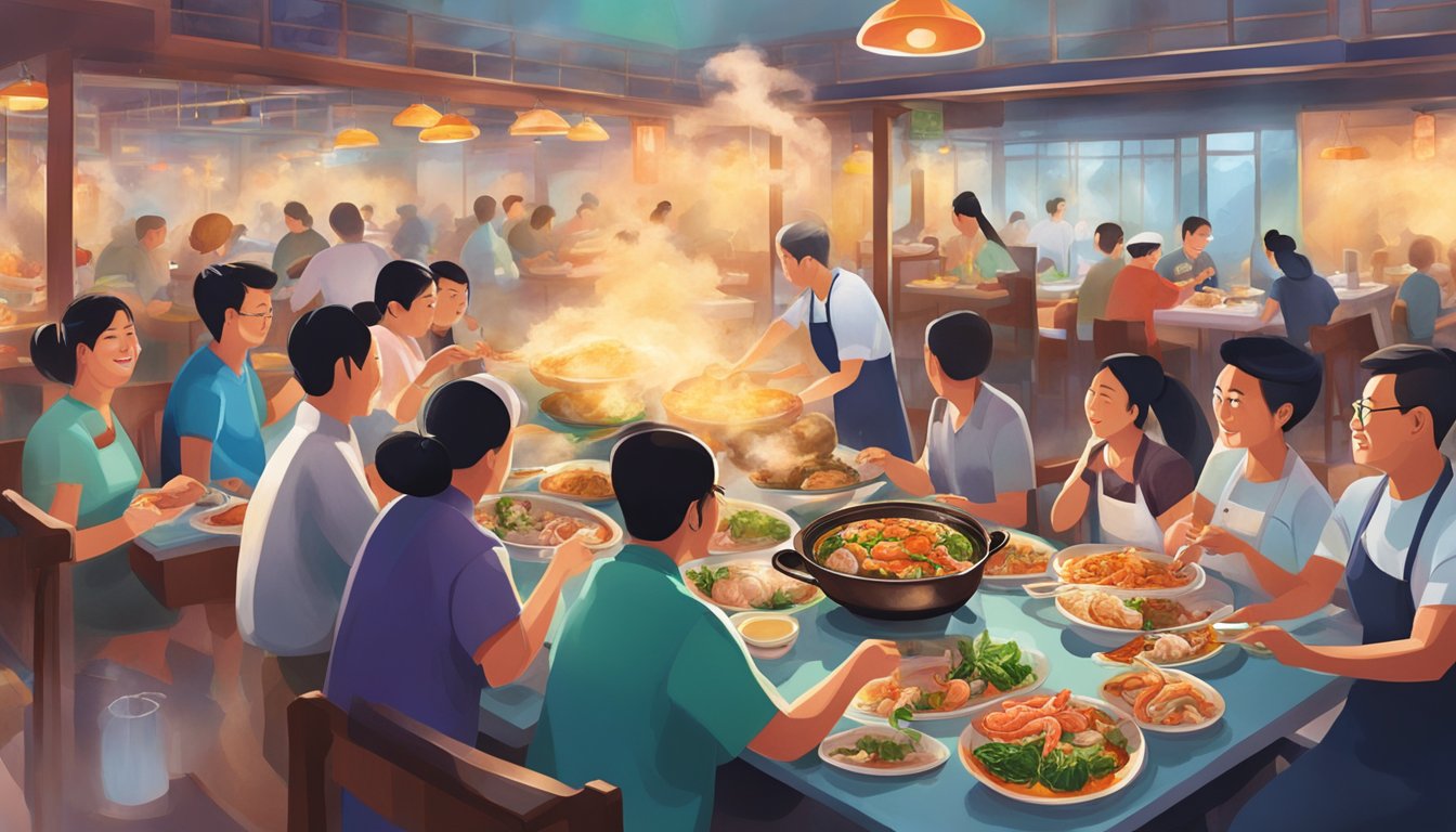 Customers enjoying a variety of seafood dishes at Hai Kee restaurant, with steam rising from the plates and the vibrant colors of the food