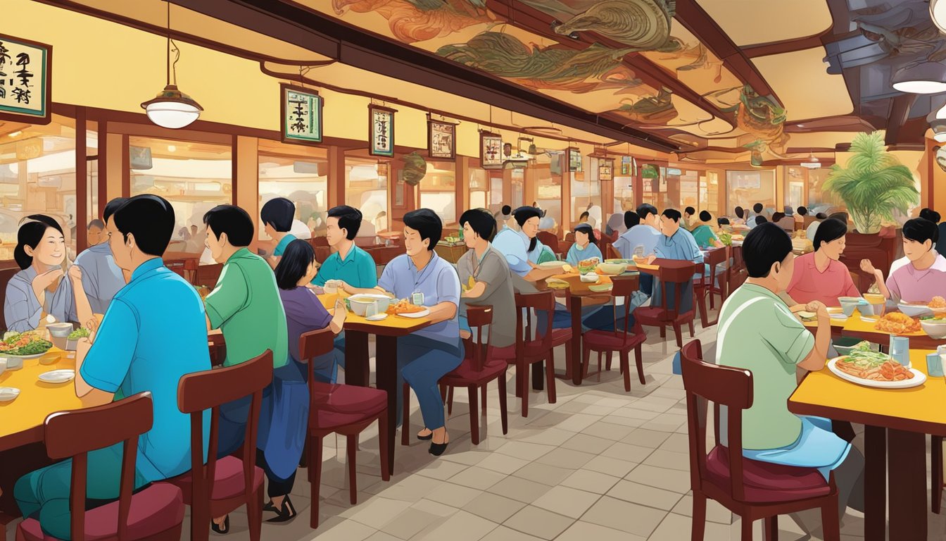 Customers dining at Hai Kee Seafood Restaurant, with colorful dishes and bustling atmosphere