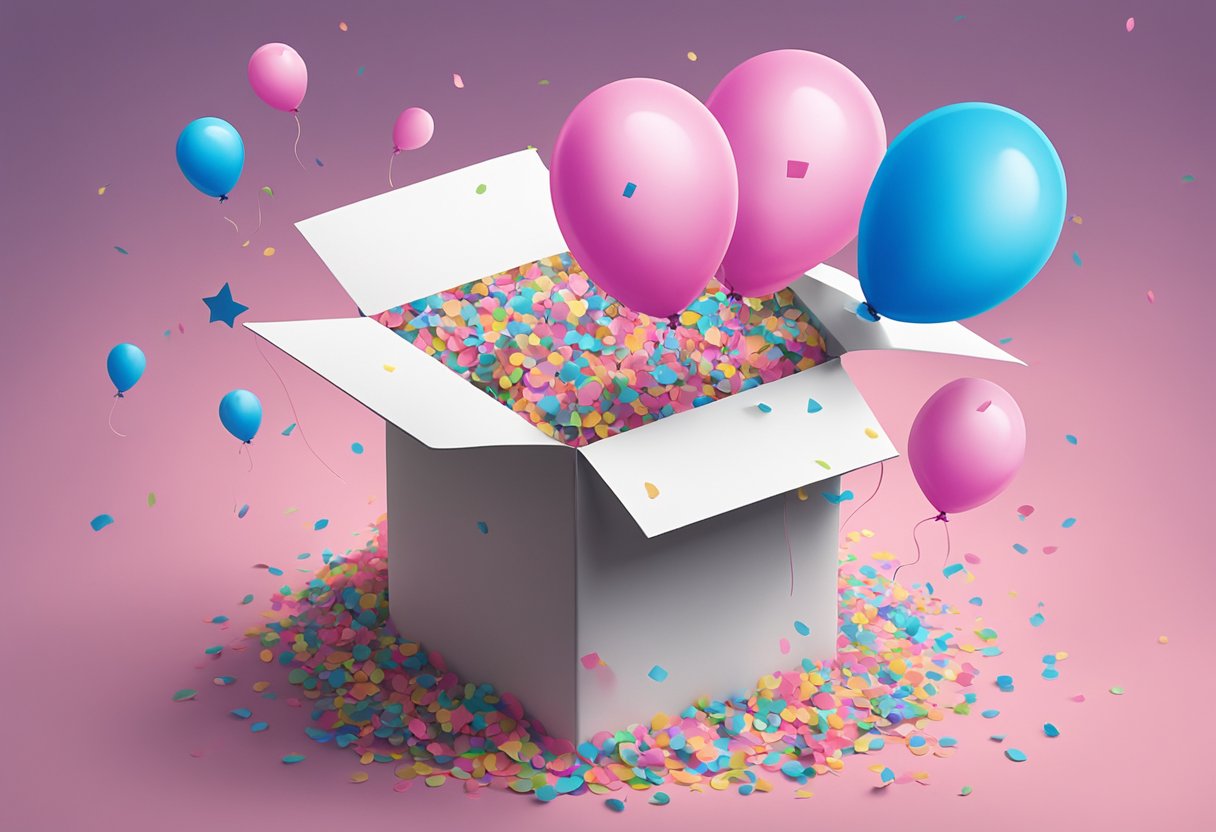 Colorful confetti pops out of a box with "Good Names" written on it, revealing blue and pink balloons for a gender reveal