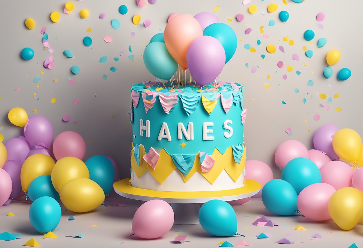 Colorful balloons and confetti surround a gender reveal cake with "Name Ideas" written in bold letters