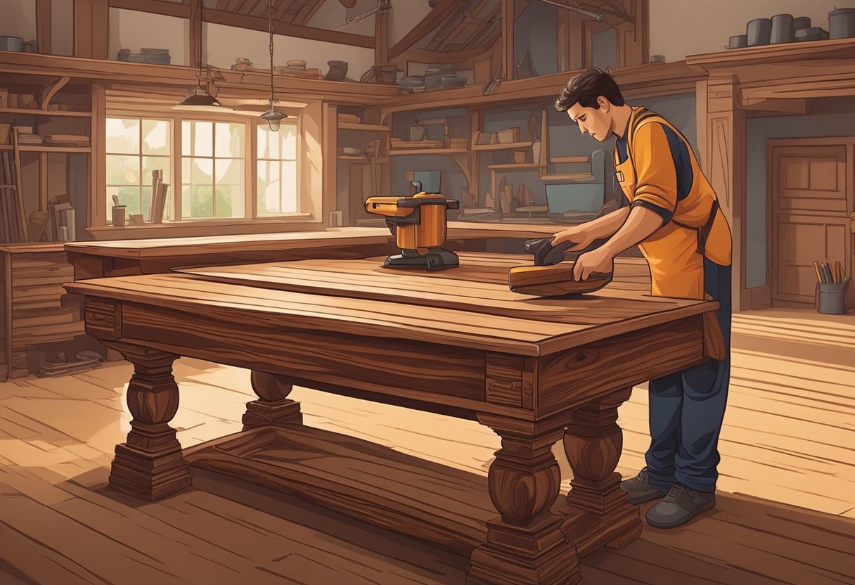A skilled craftsman restores a rosewood table, sanding and polishing its intricate details in a well-lit workshop