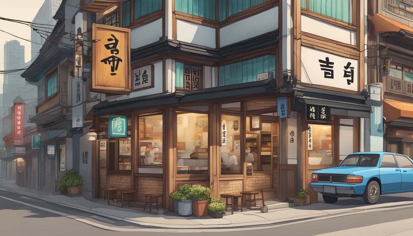 The exterior of Jang Won Korean Restaurant, with traditional architecture and a sign in Hangul, surrounded by bustling city streets