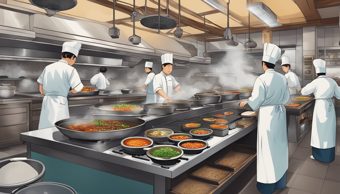 A bustling Korean restaurant kitchen with sizzling grills, steaming pots, and chefs skillfully preparing traditional dishes