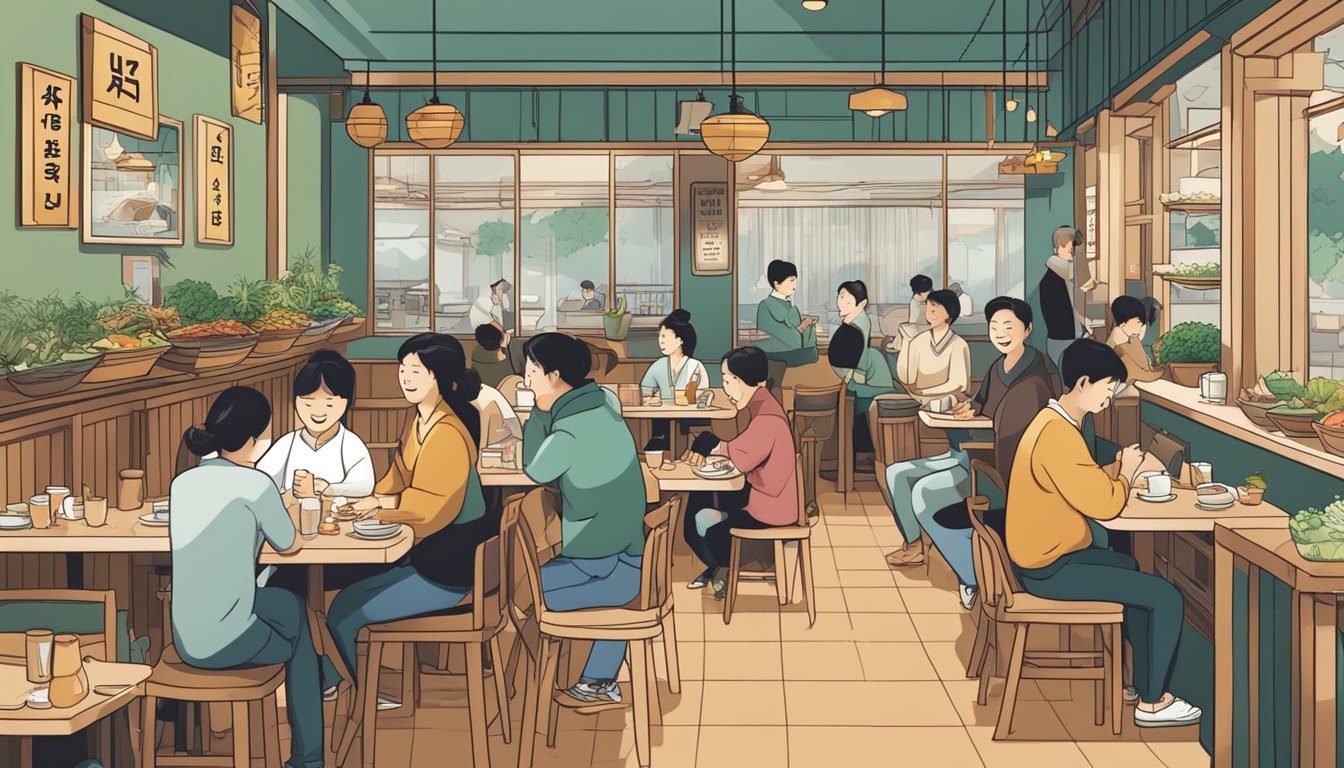 A bustling Korean restaurant with a sign reading "Frequently Asked Questions" in bold letters. Customers enjoying traditional dishes and chatting happily
