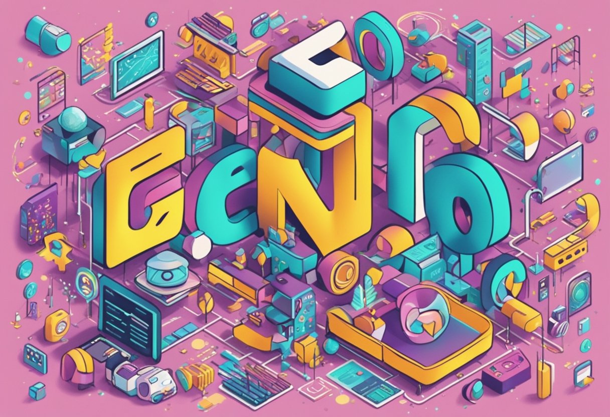 A colorful collage of trending words and symbols, representing Gen Z culture and naming trends