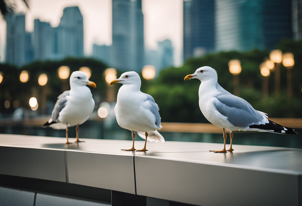 Seagulls perched on modern furniture in a bustling Singapore cityscape