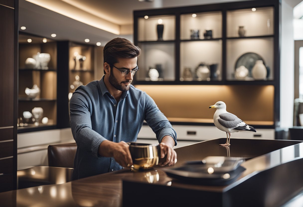 A customer browsing through the elegant display of Seagull Furniture, admiring the sleek designs and luxurious materials used in the products