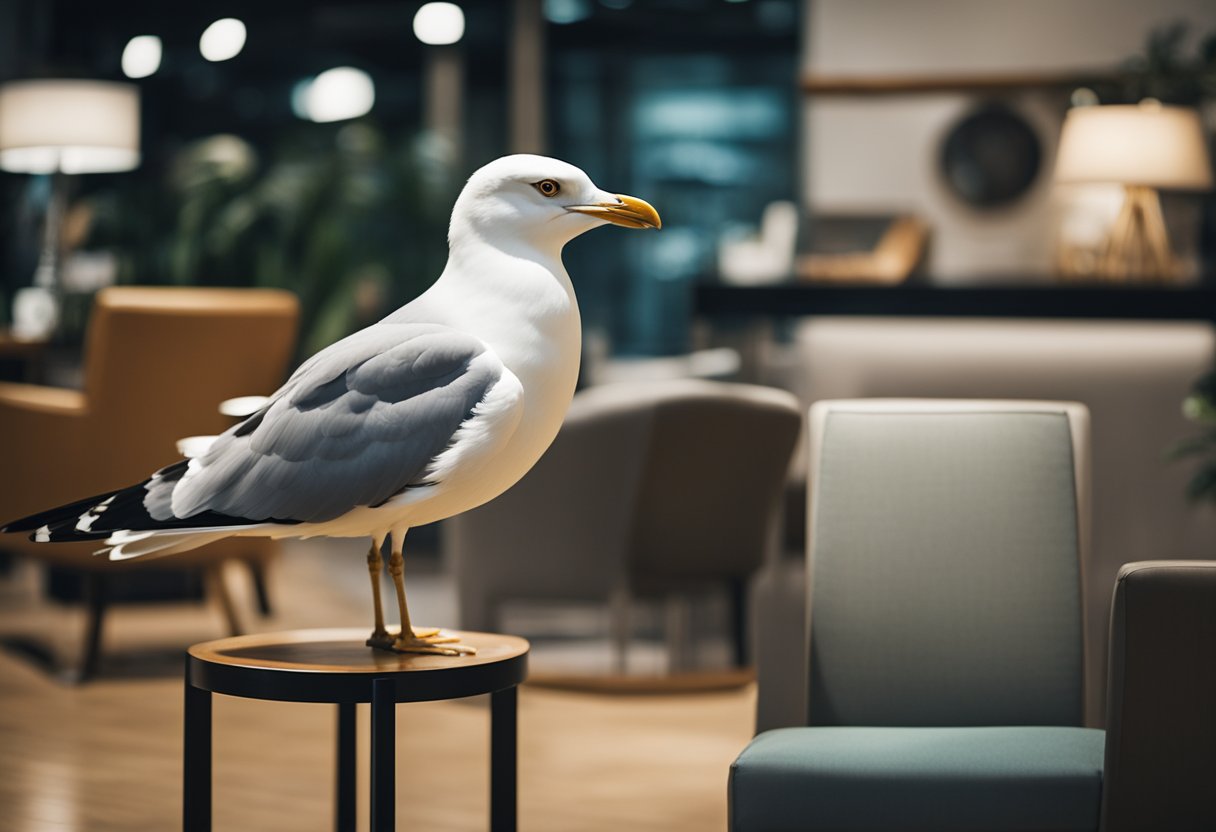 A seagull perches on a sleek, modern chair in a stylish Singaporean furniture store. Customers browse the selection, while the bird watches from its vantage point