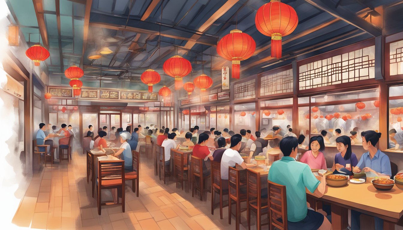A bustling Chinese restaurant in Jurong East, with red lanterns and steaming hot pots on each table. The aroma of sizzling stir-fry fills the air
