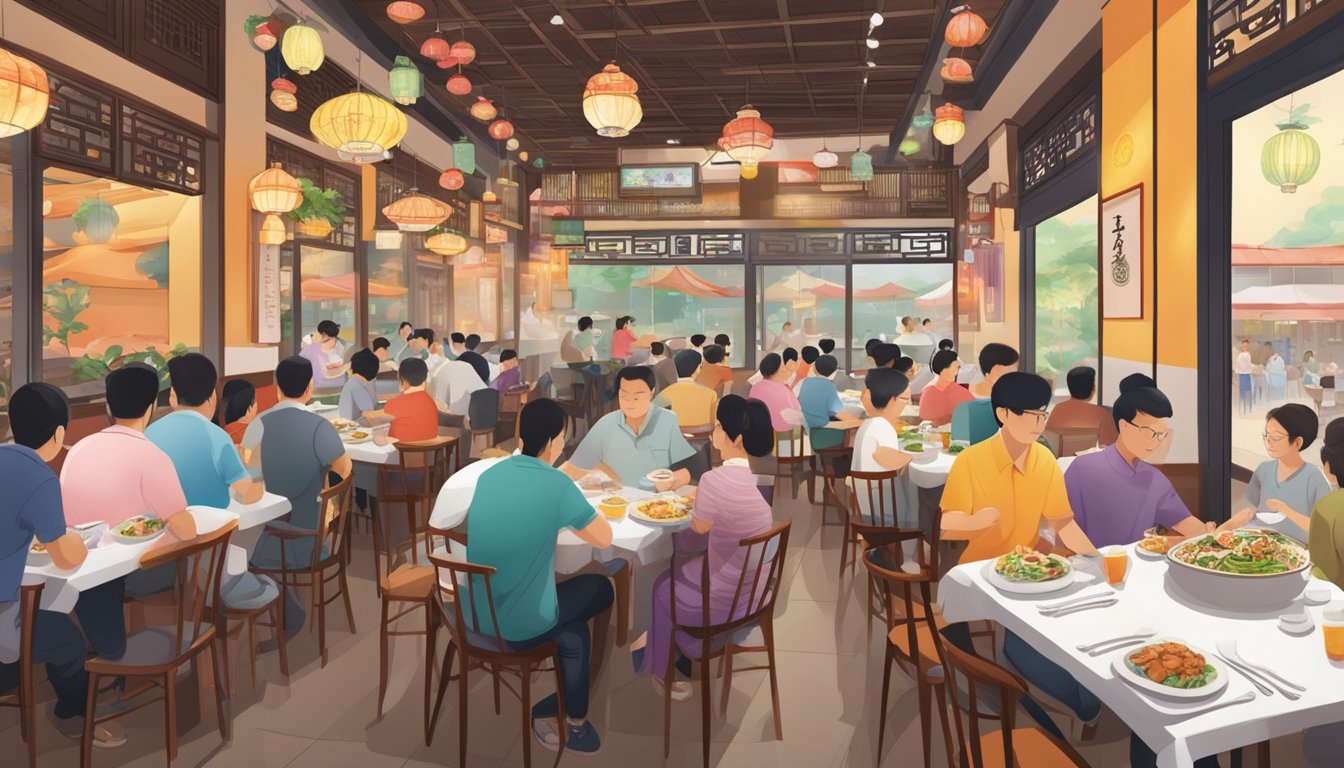 A bustling Chinese restaurant in Jurong East, with colorful decor and steaming plates of traditional dishes being served to eager food enthusiasts