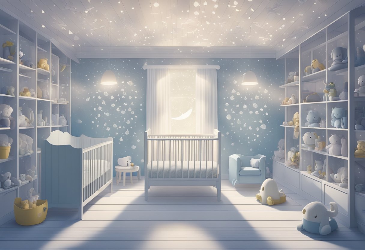 A misty nursery with floating letters spelling out ghost baby names