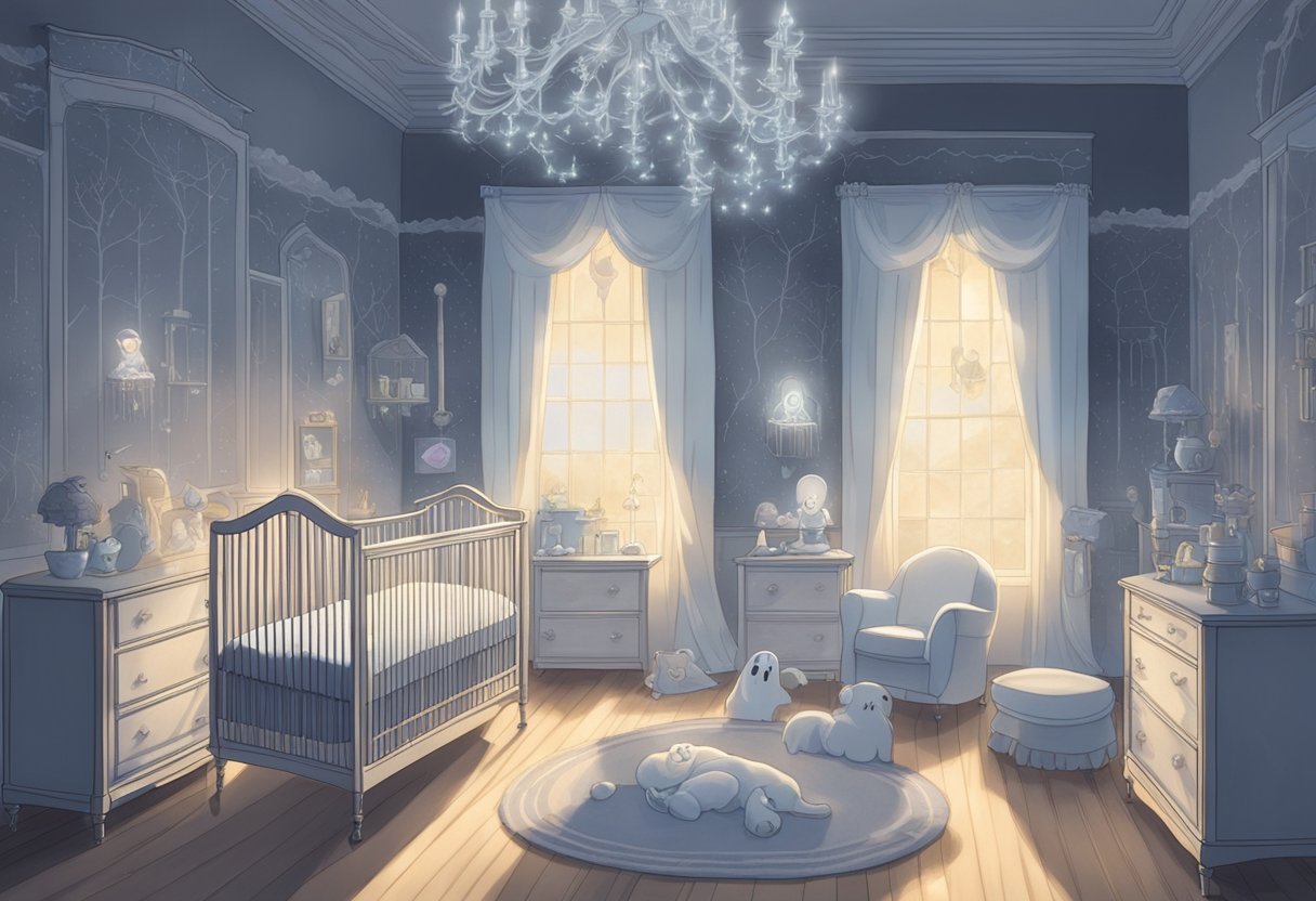 A ghostly nursery with ethereal cribs, each adorned with a name tag floating in the air. Soft, eerie light illuminates the room, casting a haunting glow on the ghost baby names