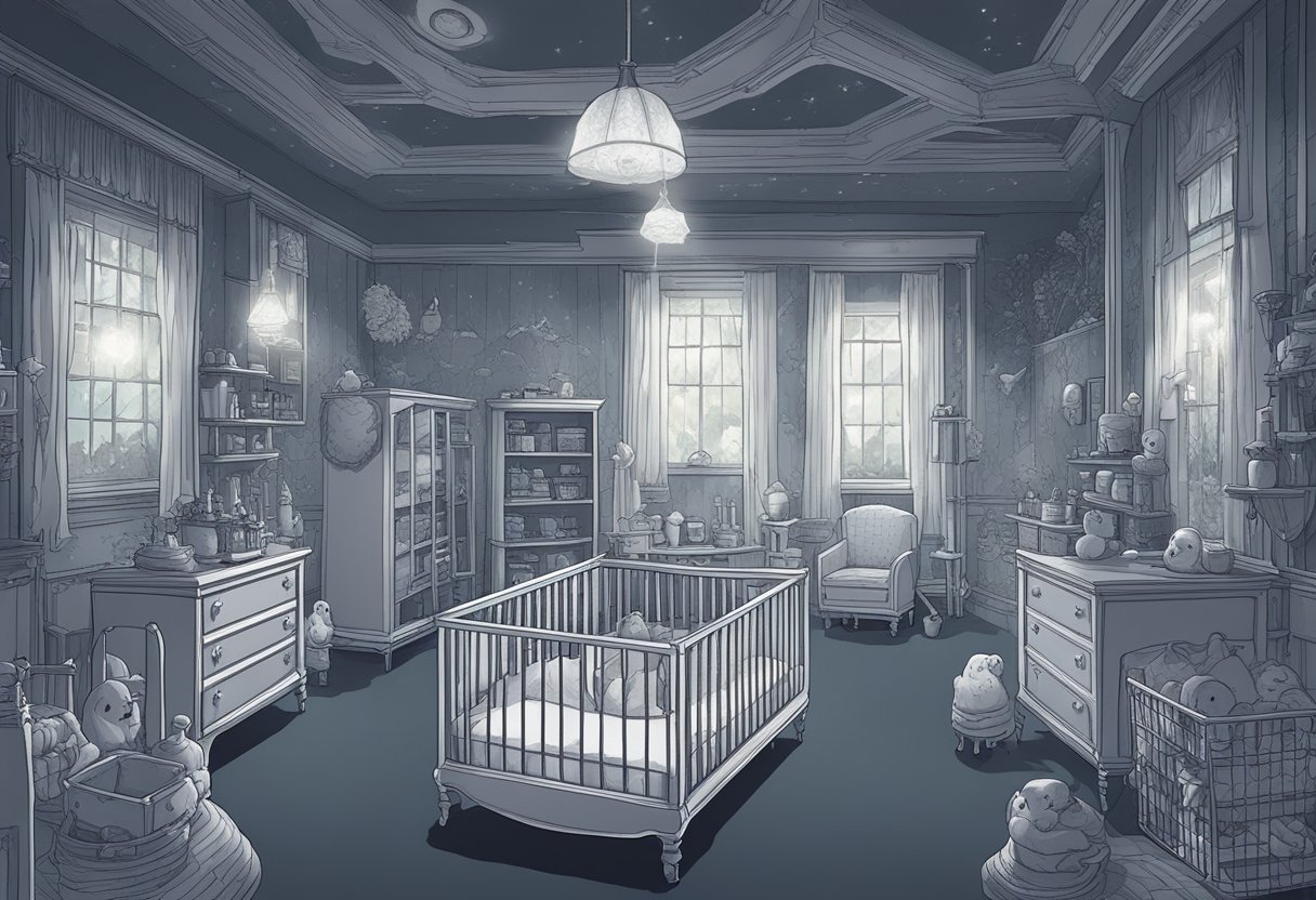 A ghostly nursery with floating name tags and eerie whispers