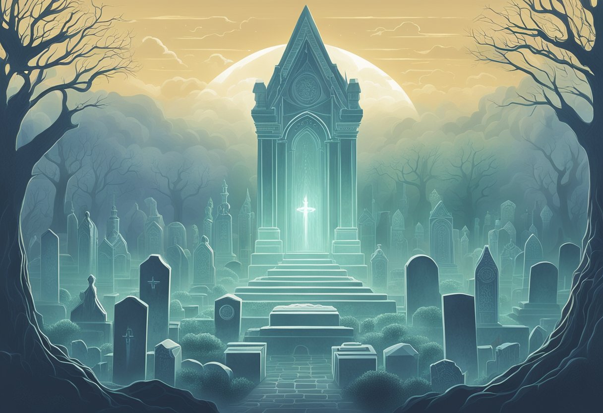 Spectral figures float above a misty graveyard, each one bearing a unique name etched in ethereal script